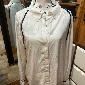 Vince Camuto sheer white button down shirt with black piping